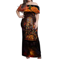 Day of Dead Festival Off Shoulder Maxi Dress Sugar Skull Party Family - Wonder Print Shop