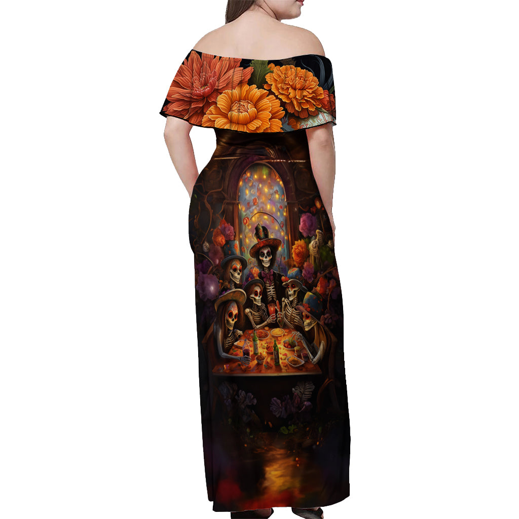 Day of Dead Festival Off Shoulder Maxi Dress Sugar Skull Party Family - Wonder Print Shop