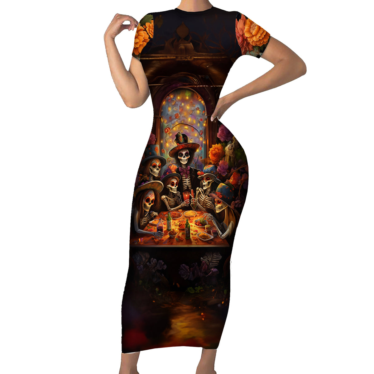 Day of Dead Festival Short Sleeve Bodycon Dress Sugar Skull Party Family - Wonder Print Shop