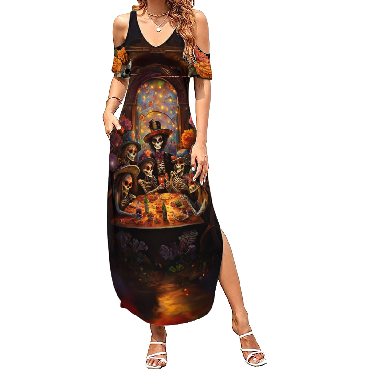 Day of Dead Festival Summer Maxi Dress Sugar Skull Party Family - Wonder Print Shop