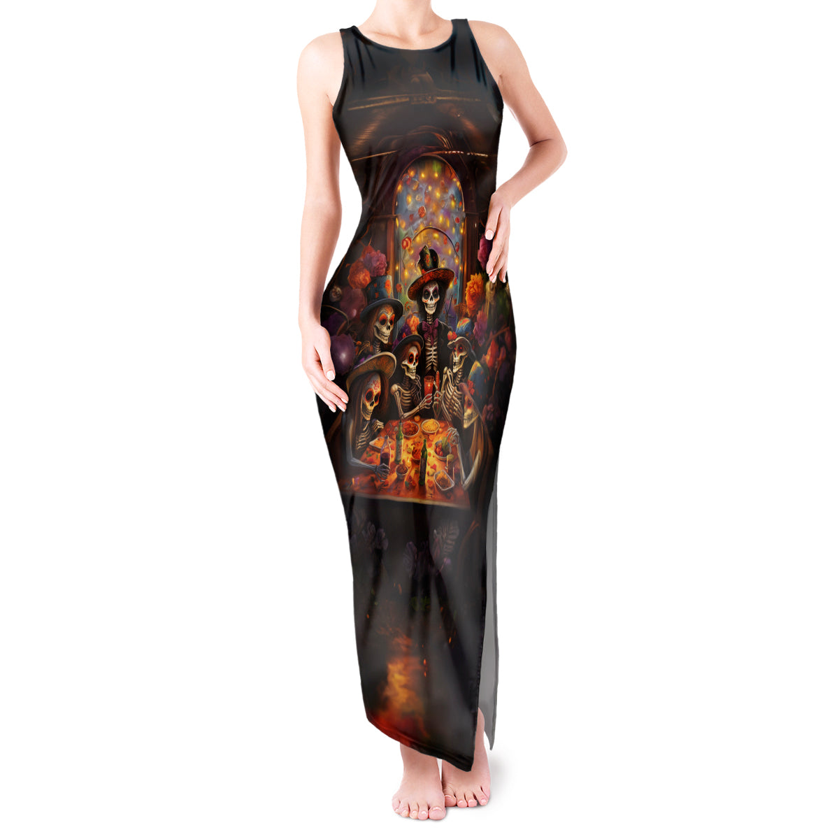 Day of Dead Festival Tank Maxi Dress Sugar Skull Party Family - Wonder Print Shop