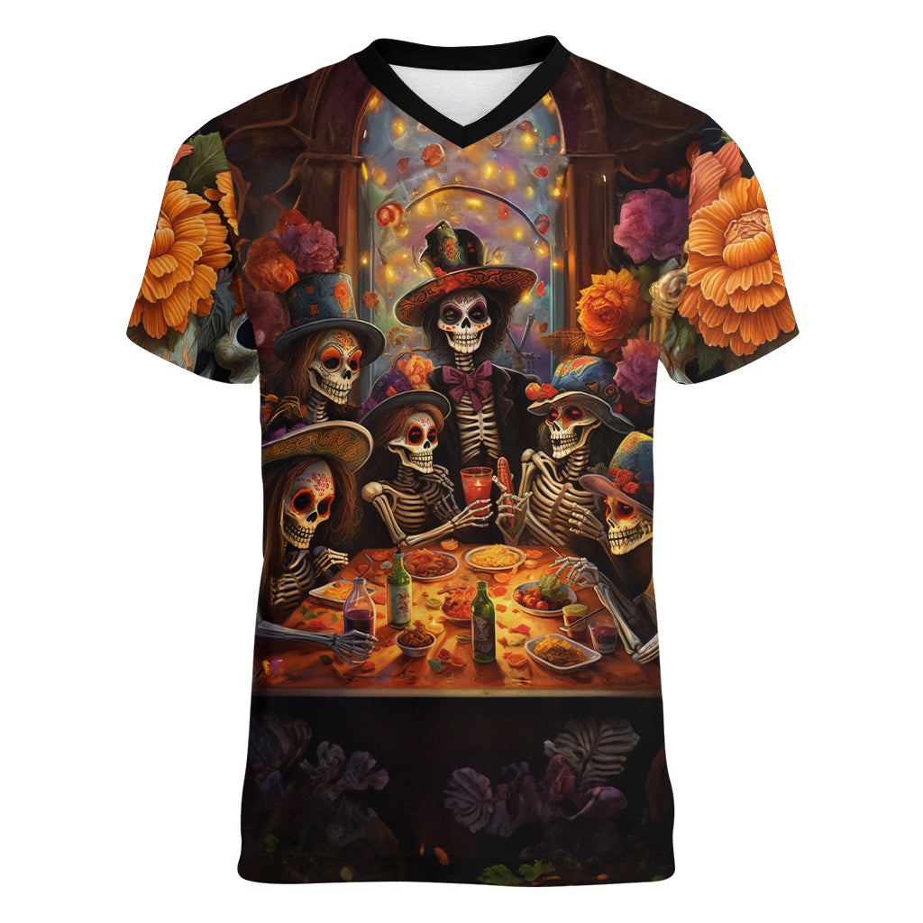 Day of Dead Festival Women V Neck T Shirt Sugar Skull Party Family - Wonder Print Shop