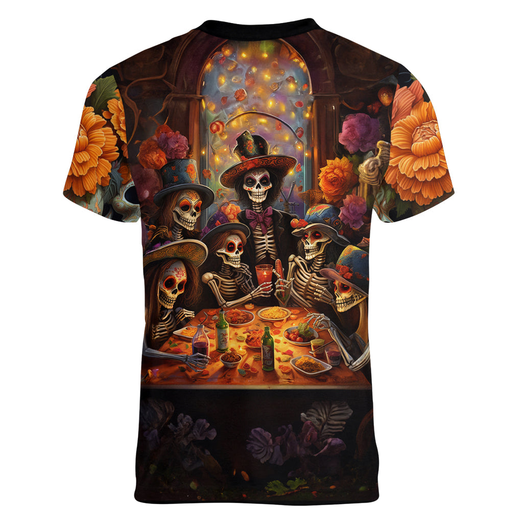 Day of Dead Festival Women V Neck T Shirt Sugar Skull Party Family - Wonder Print Shop