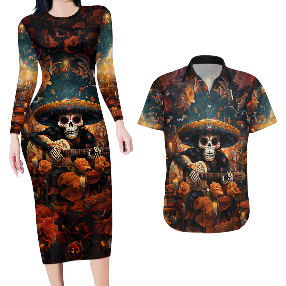 Day of Dead Skull Couples Matching Long Sleeve Bodycon Dress and Hawaiian Shirt Sugar Skull Musican - Wonder Print Shop
