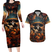 Day of Dead Skull Couples Matching Long Sleeve Bodycon Dress and Hawaiian Shirt Sugar Skull Musican - Wonder Print Shop