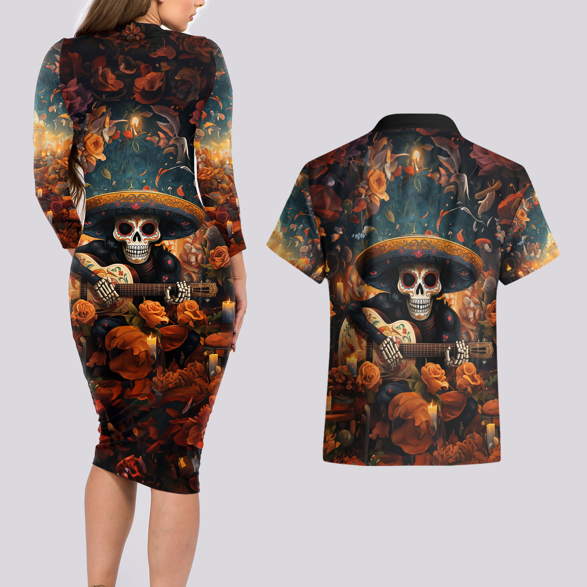 Day of Dead Skull Couples Matching Long Sleeve Bodycon Dress and Hawaiian Shirt Sugar Skull Musican - Wonder Print Shop