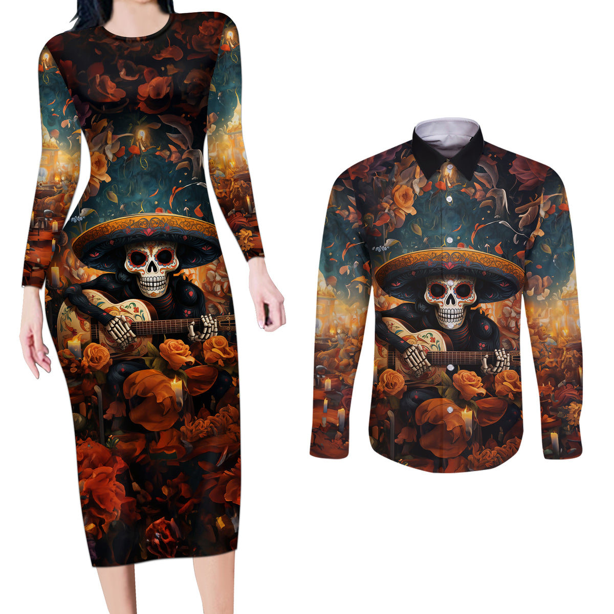 Day of Dead Skull Couples Matching Long Sleeve Bodycon Dress and Long Sleeve Button Shirt Sugar Skull Musican - Wonder Print Shop