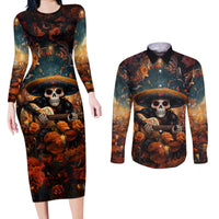 Day of Dead Skull Couples Matching Long Sleeve Bodycon Dress and Long Sleeve Button Shirt Sugar Skull Musican - Wonder Print Shop