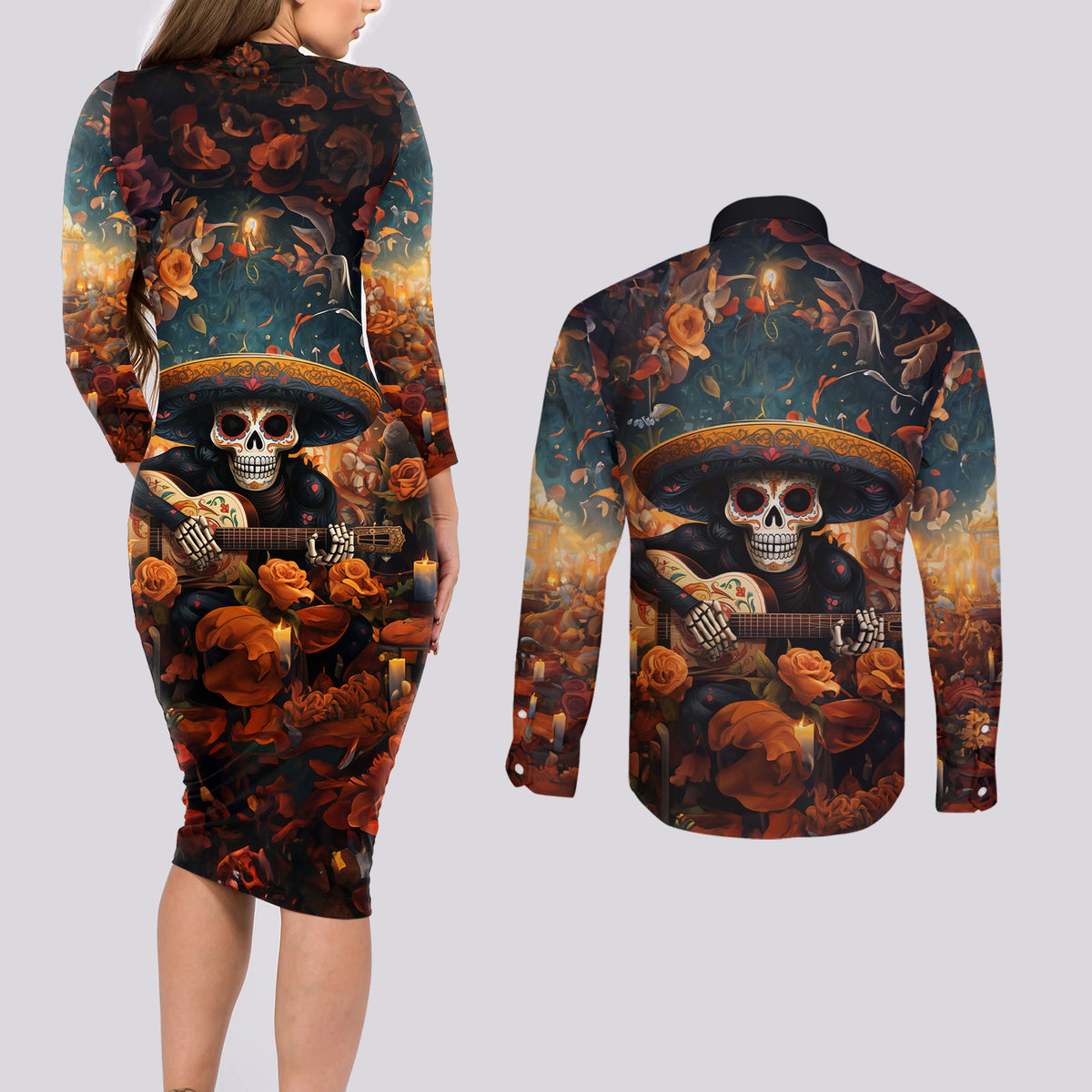 Day of Dead Skull Couples Matching Long Sleeve Bodycon Dress and Long Sleeve Button Shirt Sugar Skull Musican - Wonder Print Shop