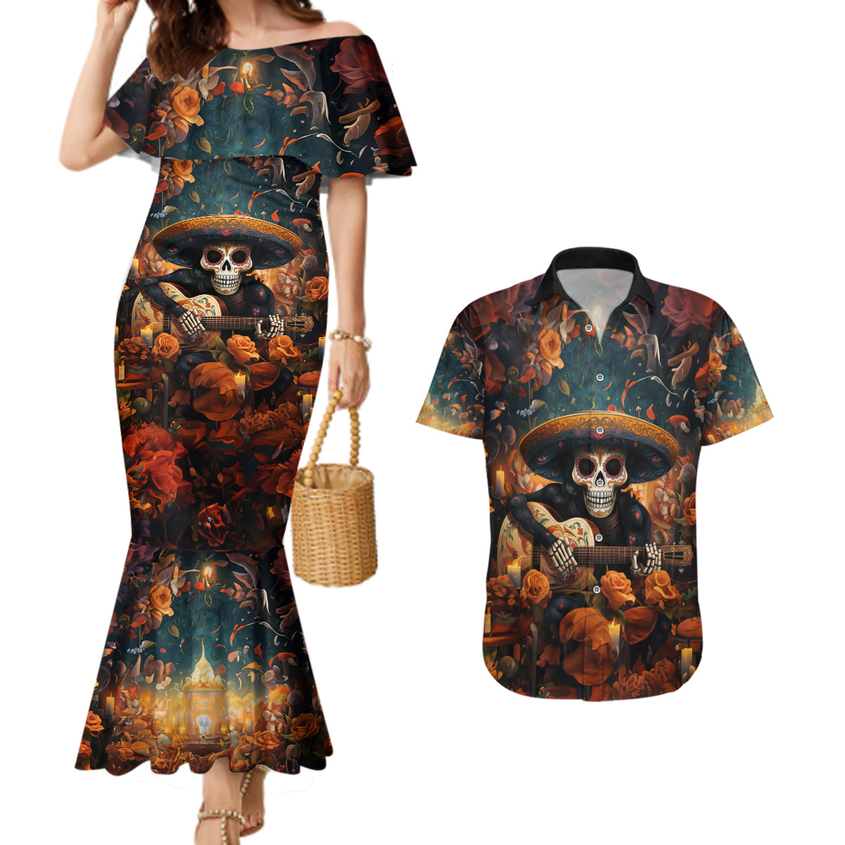 Day of Dead Skull Couples Matching Mermaid Dress and Hawaiian Shirt Sugar Skull Musican - Wonder Print Shop