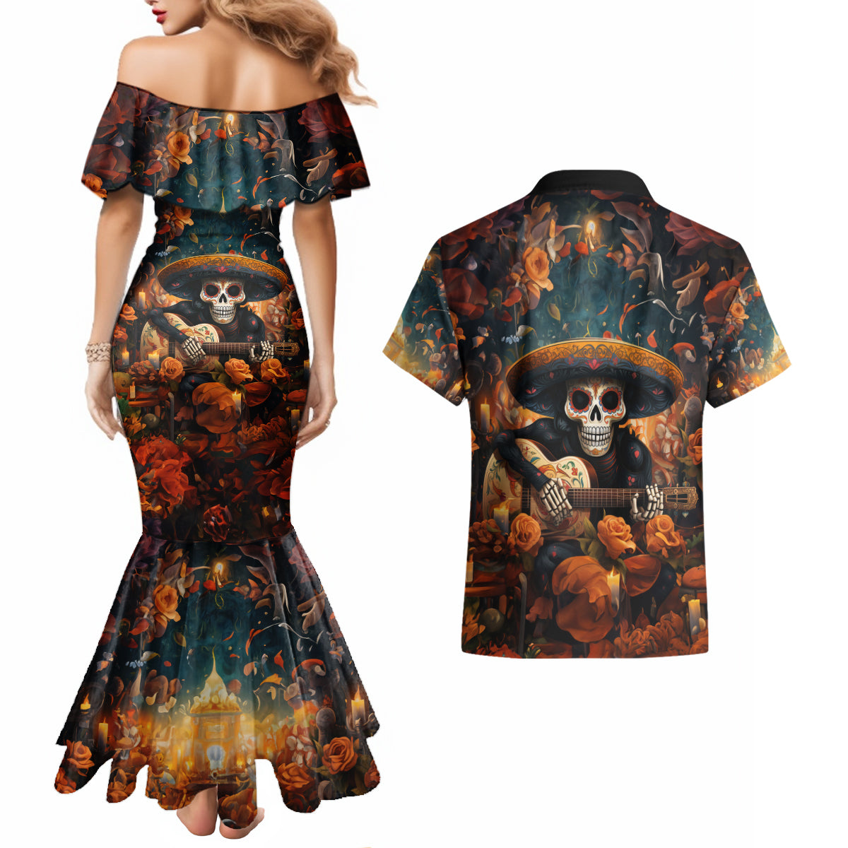 Day of Dead Skull Couples Matching Mermaid Dress and Hawaiian Shirt Sugar Skull Musican - Wonder Print Shop