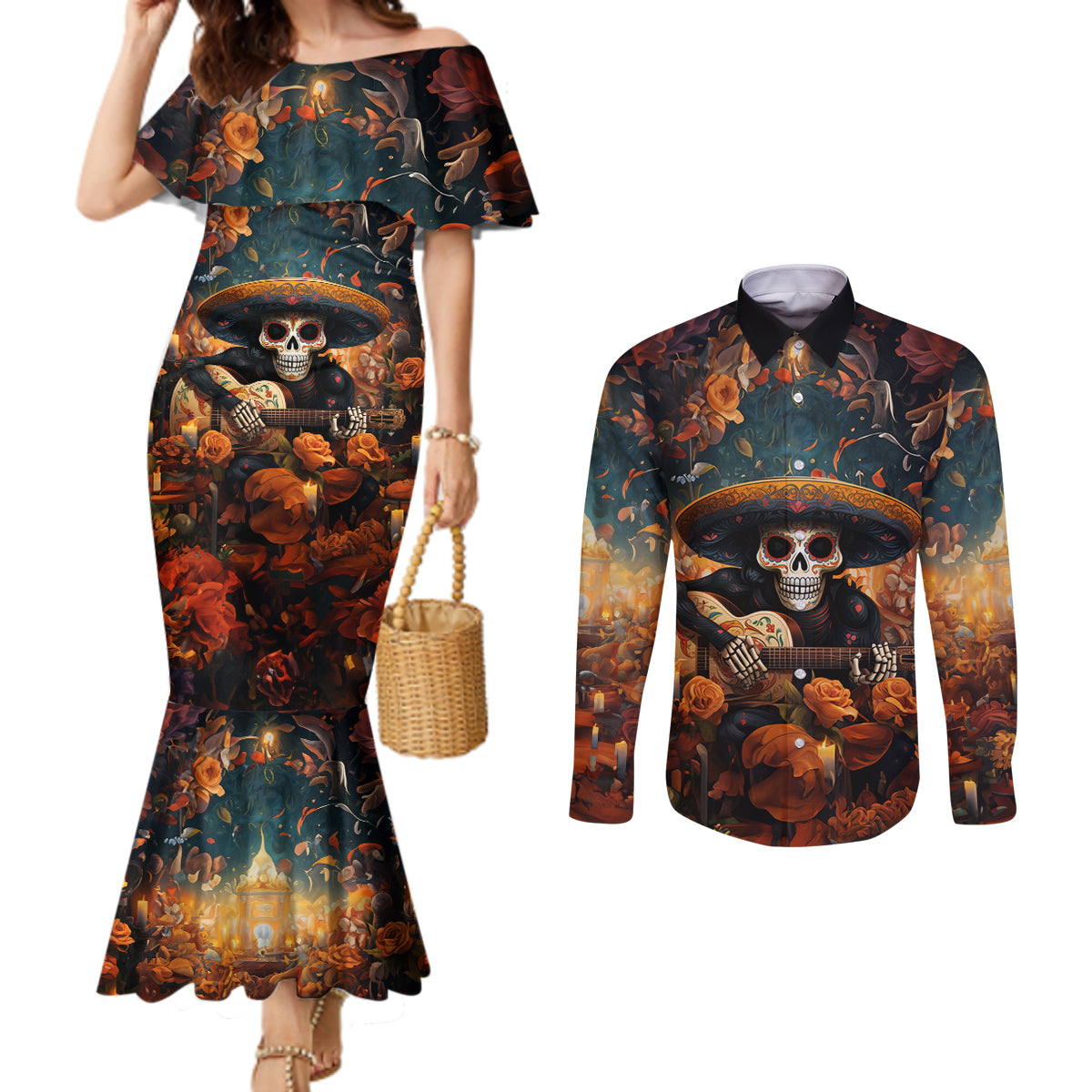 day-of-dead-skull-couples-matching-mermaid-dress-and-long-sleeve-button-shirt-sugar-skull-musican