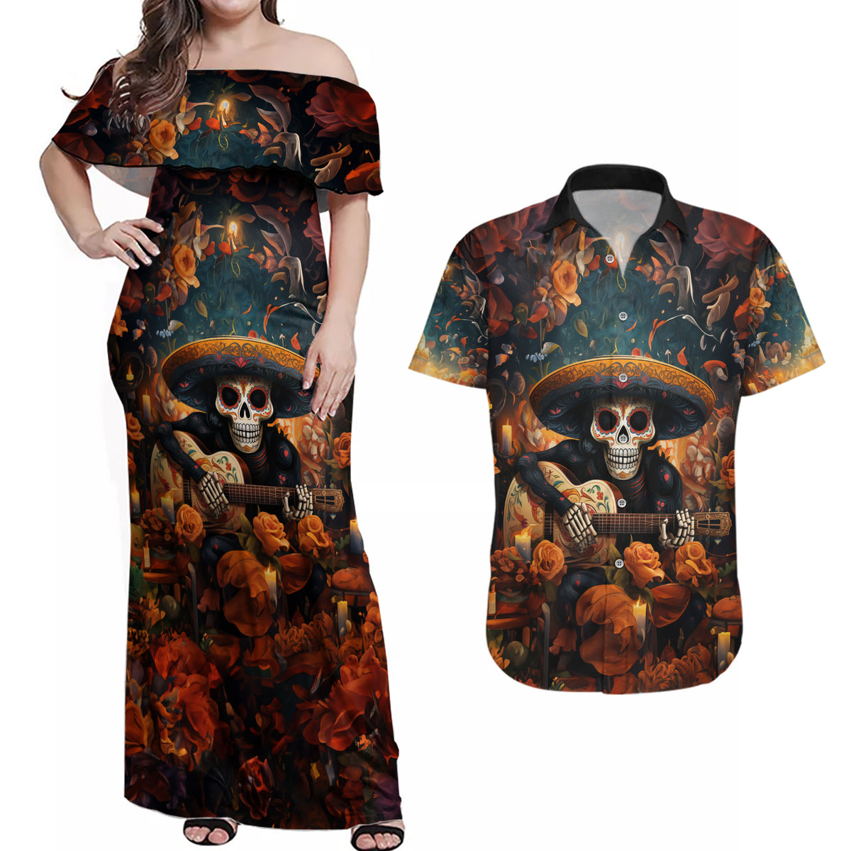 Day of Dead Skull Couples Matching Off Shoulder Maxi Dress and Hawaiian Shirt Sugar Skull Musican - Wonder Print Shop