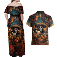 Day of Dead Skull Couples Matching Off Shoulder Maxi Dress and Hawaiian Shirt Sugar Skull Musican - Wonder Print Shop
