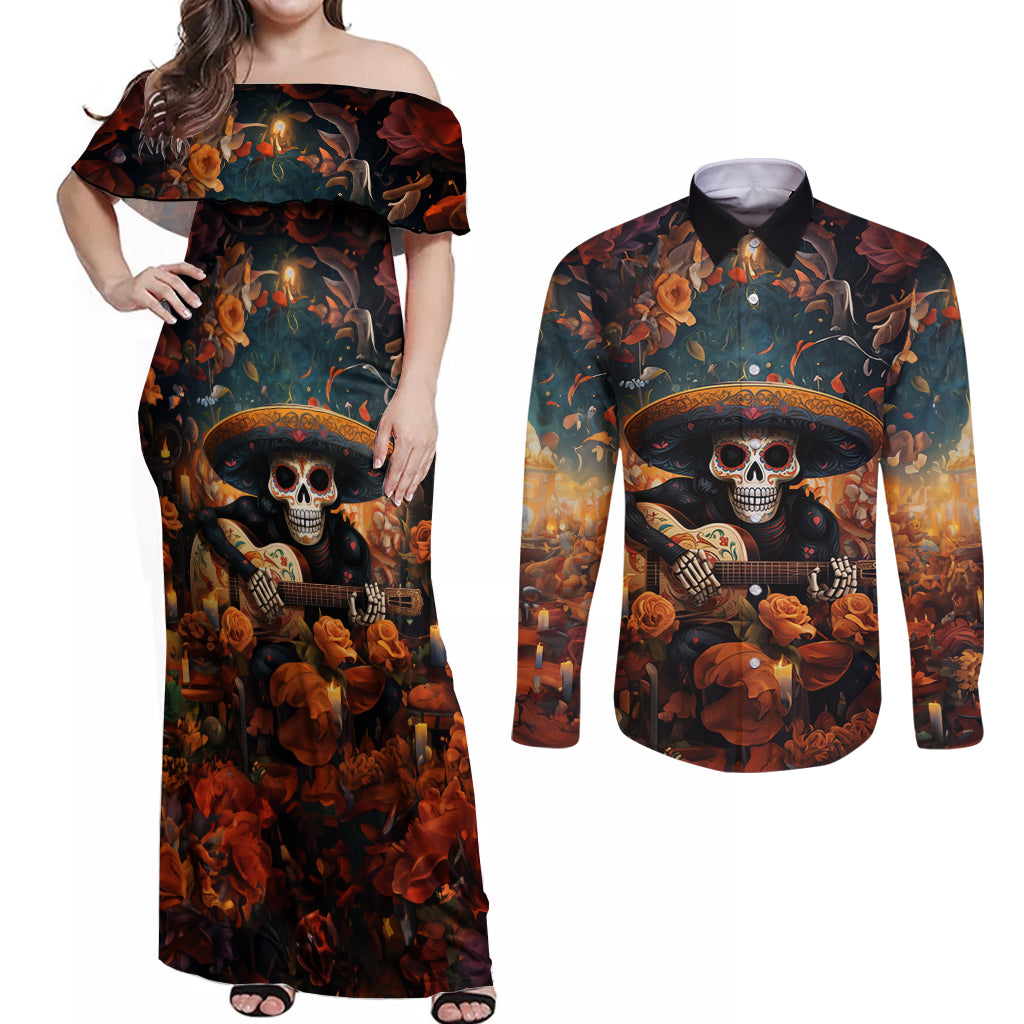 Day of Dead Skull Couples Matching Off Shoulder Maxi Dress and Long Sleeve Button Shirt Sugar Skull Musican - Wonder Print Shop