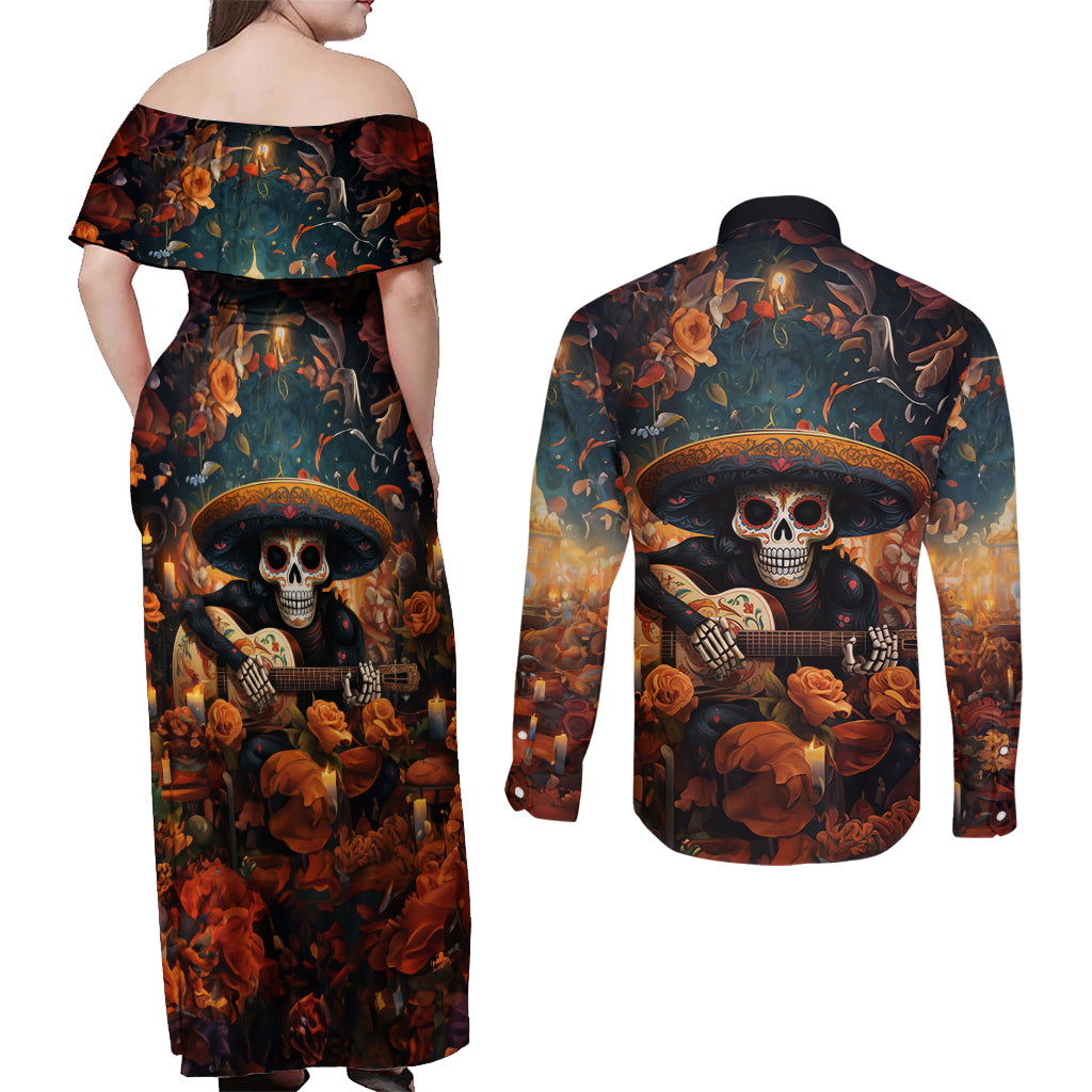 Day of Dead Skull Couples Matching Off Shoulder Maxi Dress and Long Sleeve Button Shirt Sugar Skull Musican - Wonder Print Shop