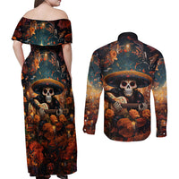 Day of Dead Skull Couples Matching Off Shoulder Maxi Dress and Long Sleeve Button Shirt Sugar Skull Musican - Wonder Print Shop
