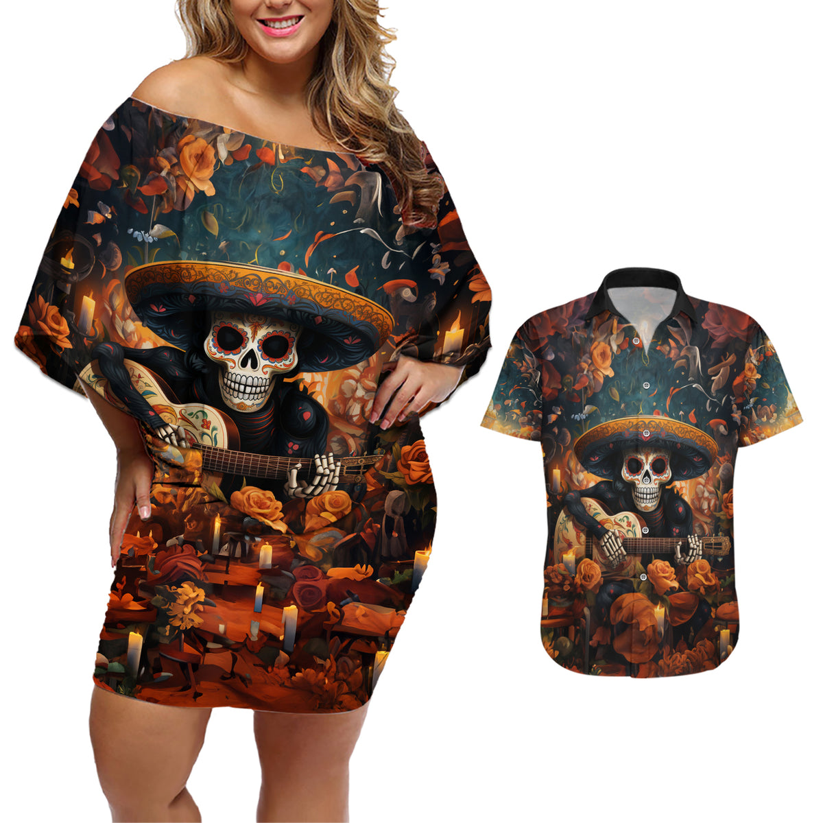 Day of Dead Skull Couples Matching Off Shoulder Short Dress and Hawaiian Shirt Sugar Skull Musican - Wonder Print Shop