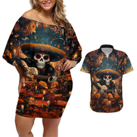 Day of Dead Skull Couples Matching Off Shoulder Short Dress and Hawaiian Shirt Sugar Skull Musican - Wonder Print Shop