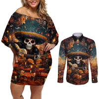 Day of Dead Skull Couples Matching Off Shoulder Short Dress and Long Sleeve Button Shirt Sugar Skull Musican - Wonder Print Shop