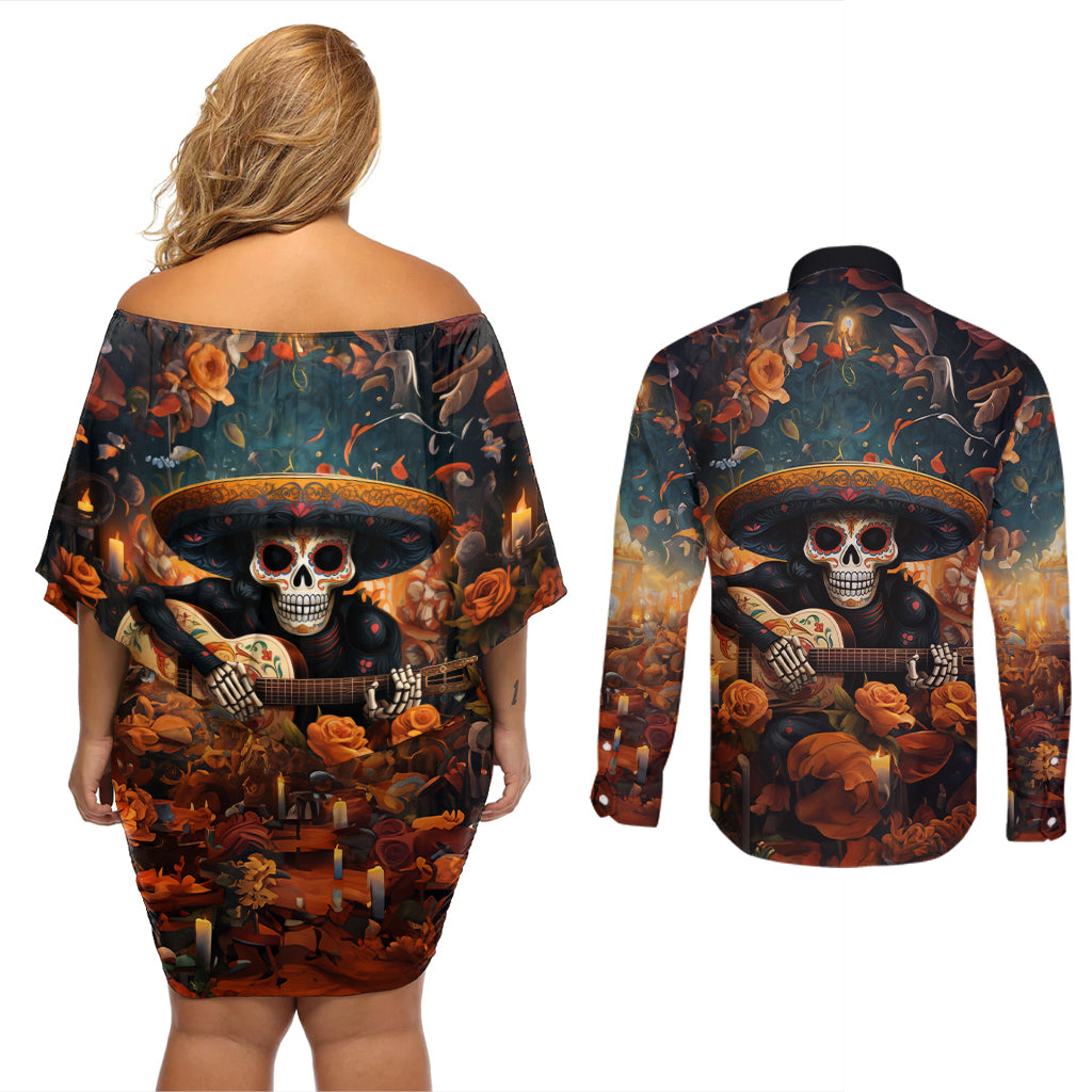Day of Dead Skull Couples Matching Off Shoulder Short Dress and Long Sleeve Button Shirt Sugar Skull Musican - Wonder Print Shop