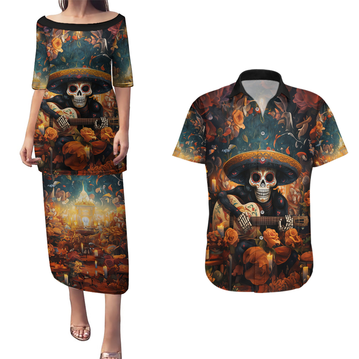 Day of Dead Skull Couples Matching Puletasi Dress and Hawaiian Shirt Sugar Skull Musican - Wonder Print Shop