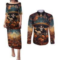 Day of Dead Skull Couples Matching Puletasi Dress and Long Sleeve Button Shirt Sugar Skull Musican - Wonder Print Shop