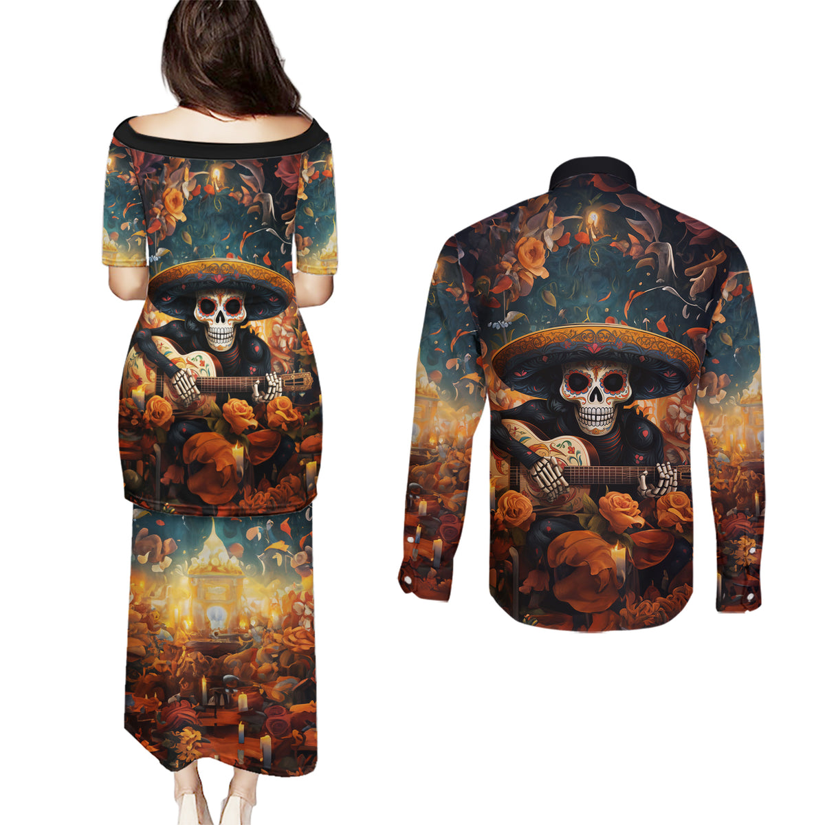 Day of Dead Skull Couples Matching Puletasi Dress and Long Sleeve Button Shirt Sugar Skull Musican - Wonder Print Shop