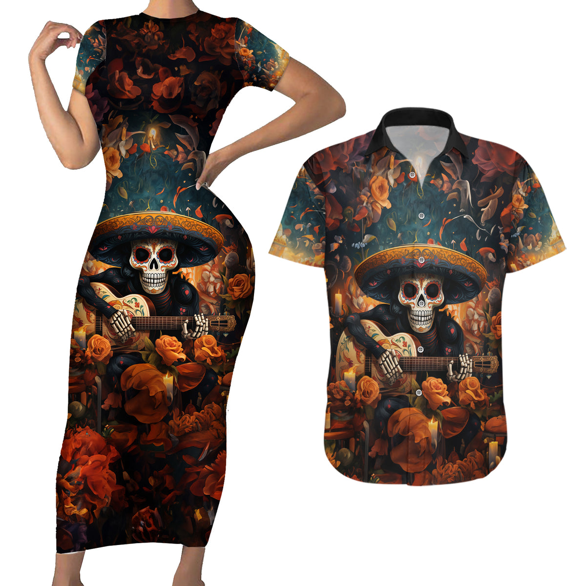 Day of Dead Skull Couples Matching Short Sleeve Bodycon Dress and Hawaiian Shirt Sugar Skull Musican - Wonder Print Shop