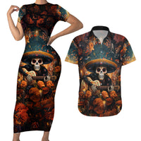 Day of Dead Skull Couples Matching Short Sleeve Bodycon Dress and Hawaiian Shirt Sugar Skull Musican - Wonder Print Shop
