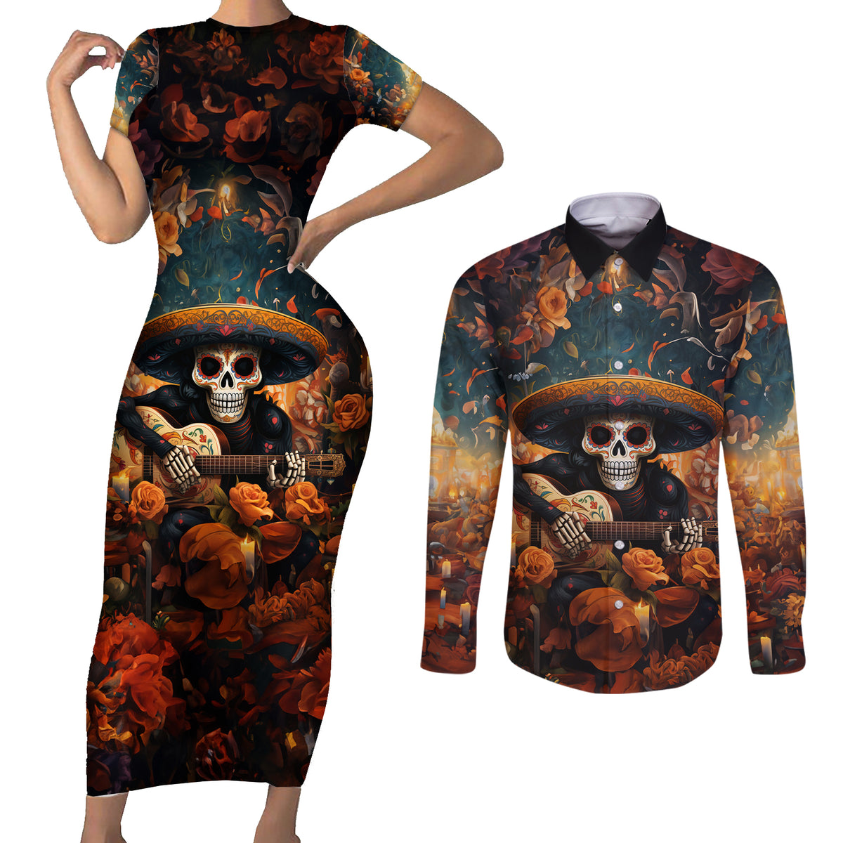Day of Dead Skull Couples Matching Short Sleeve Bodycon Dress and Long Sleeve Button Shirt Sugar Skull Musican - Wonder Print Shop