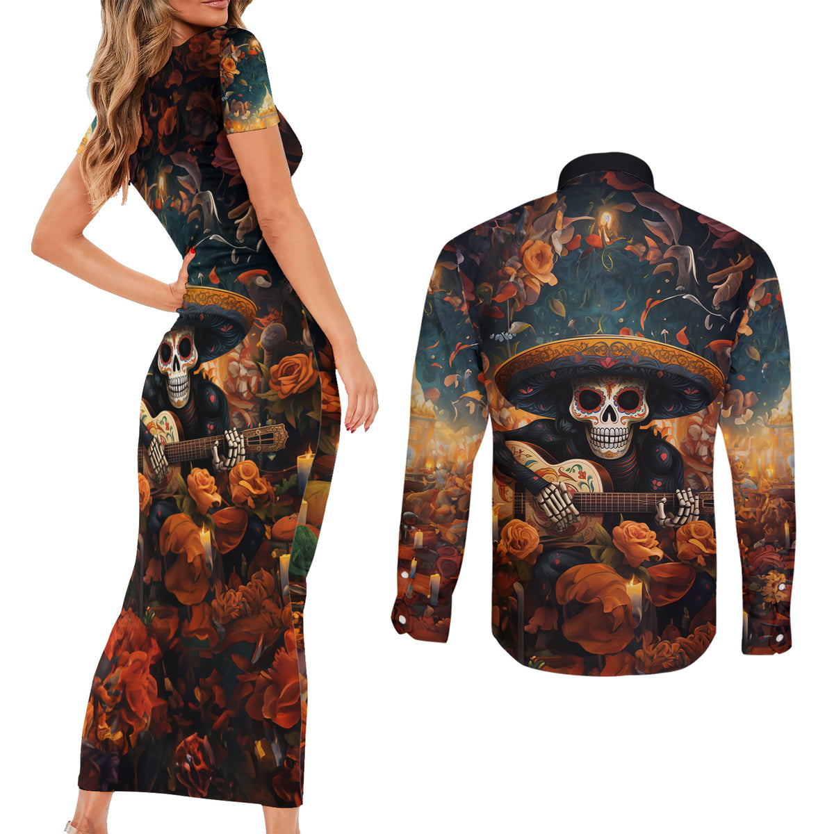 Day of Dead Skull Couples Matching Short Sleeve Bodycon Dress and Long Sleeve Button Shirt Sugar Skull Musican - Wonder Print Shop