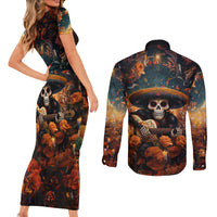 Day of Dead Skull Couples Matching Short Sleeve Bodycon Dress and Long Sleeve Button Shirt Sugar Skull Musican - Wonder Print Shop