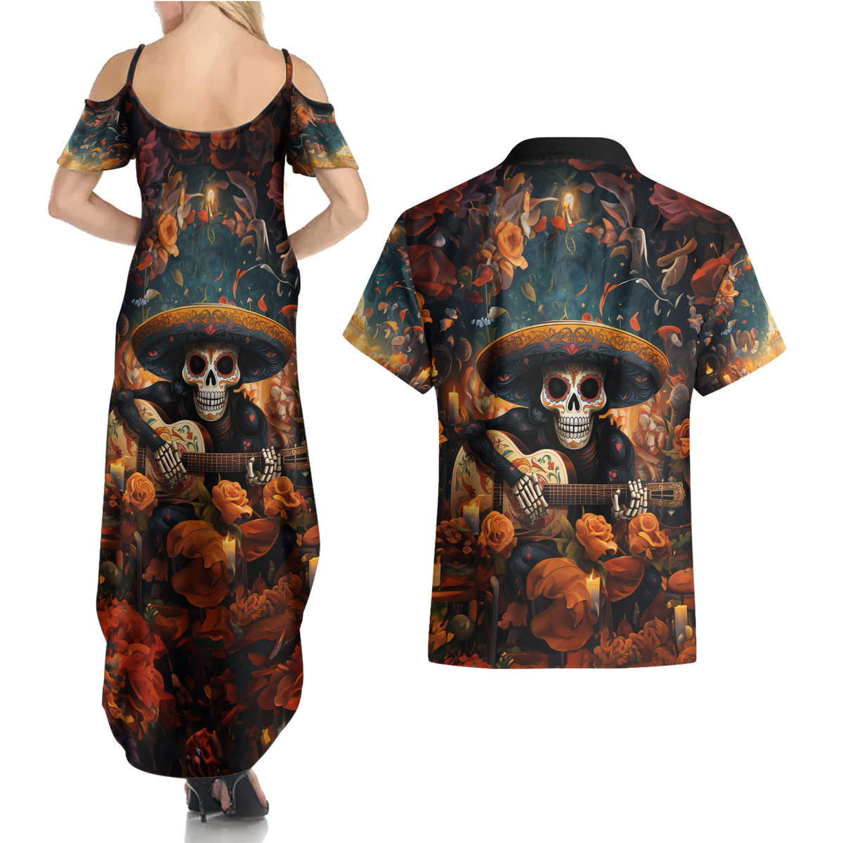 Day of Dead Skull Couples Matching Summer Maxi Dress and Hawaiian Shirt Sugar Skull Musican - Wonder Print Shop