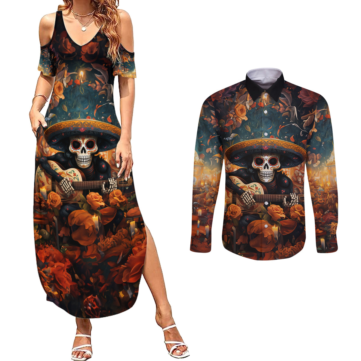 Day of Dead Skull Couples Matching Summer Maxi Dress and Long Sleeve Button Shirt Sugar Skull Musican - Wonder Print Shop