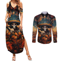 Day of Dead Skull Couples Matching Summer Maxi Dress and Long Sleeve Button Shirt Sugar Skull Musican - Wonder Print Shop
