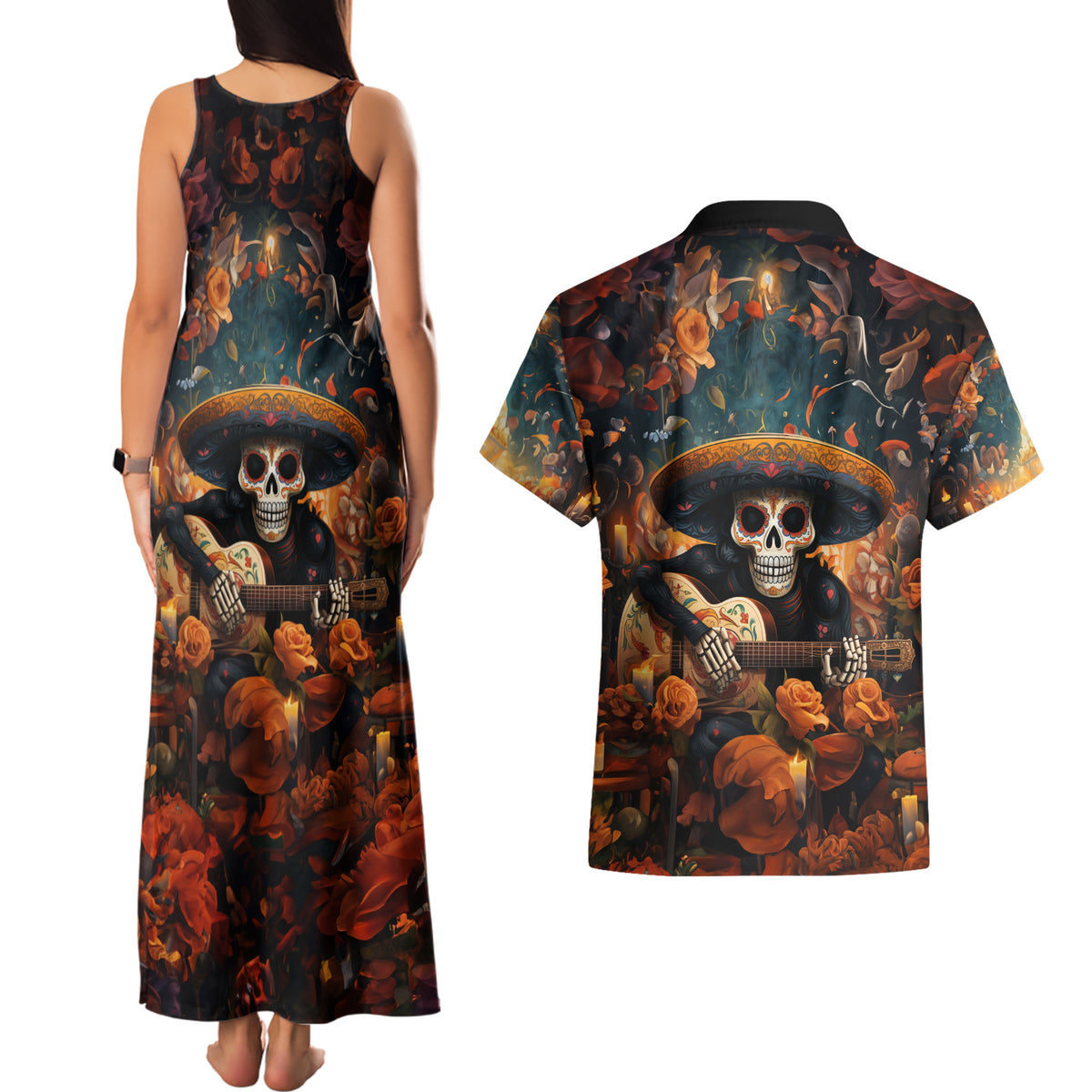 Day of Dead Skull Couples Matching Tank Maxi Dress and Hawaiian Shirt Sugar Skull Musican - Wonder Print Shop