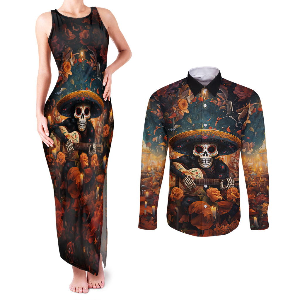 Day of Dead Skull Couples Matching Tank Maxi Dress and Long Sleeve Button Shirt Sugar Skull Musican - Wonder Print Shop