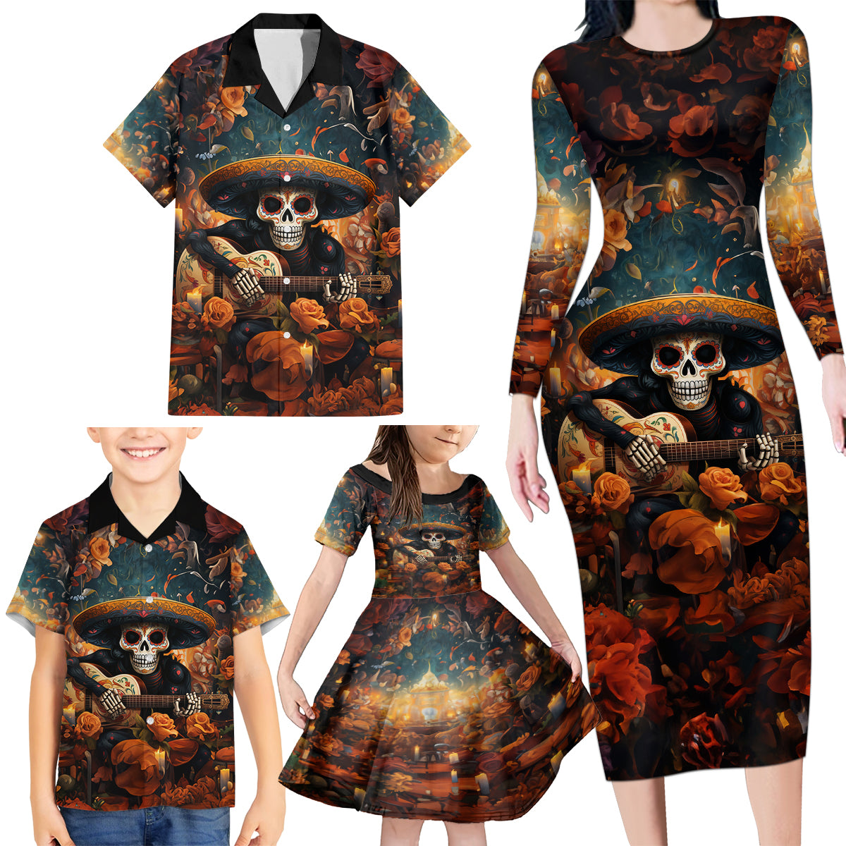 Day of Dead Skull Family Matching Long Sleeve Bodycon Dress and Hawaiian Shirt Sugar Skull Musican - Wonder Print Shop