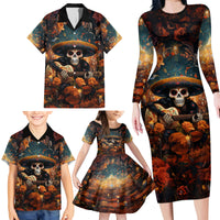 Day of Dead Skull Family Matching Long Sleeve Bodycon Dress and Hawaiian Shirt Sugar Skull Musican - Wonder Print Shop
