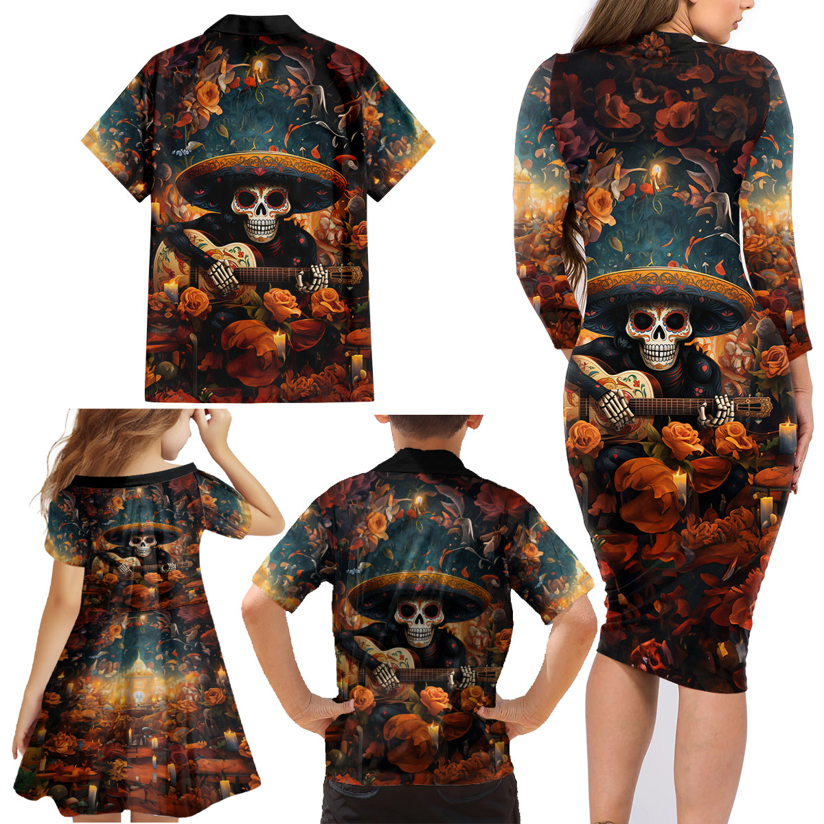 Day of Dead Skull Family Matching Long Sleeve Bodycon Dress and Hawaiian Shirt Sugar Skull Musican - Wonder Print Shop