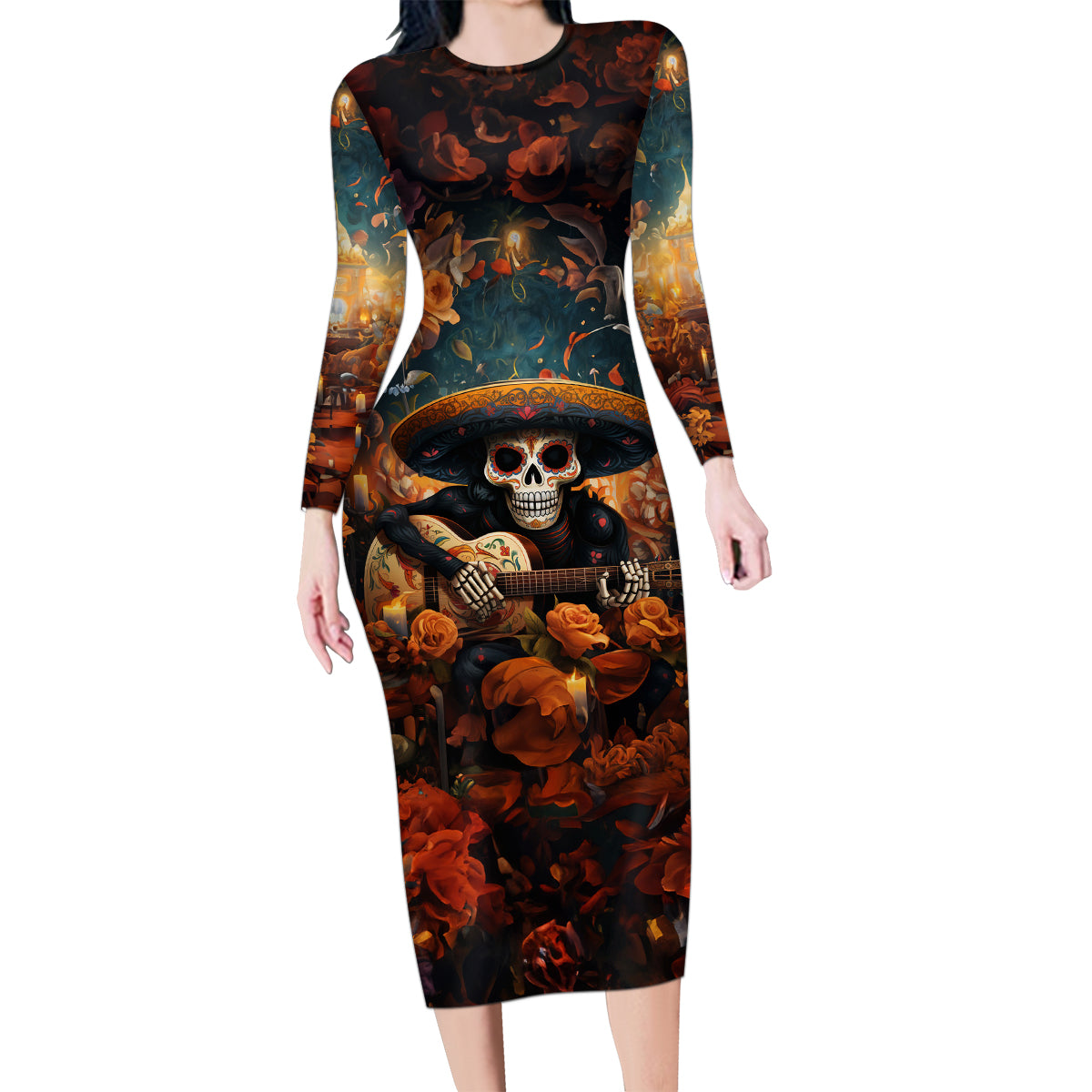 Day of Dead Skull Family Matching Long Sleeve Bodycon Dress and Hawaiian Shirt Sugar Skull Musican - Wonder Print Shop
