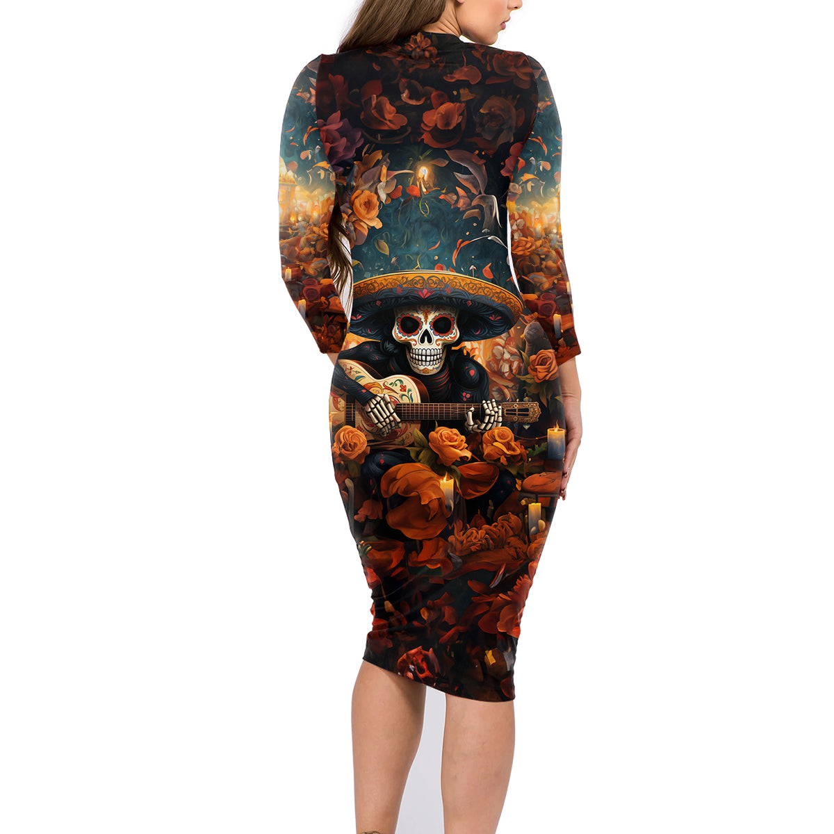Day of Dead Skull Family Matching Long Sleeve Bodycon Dress and Hawaiian Shirt Sugar Skull Musican - Wonder Print Shop