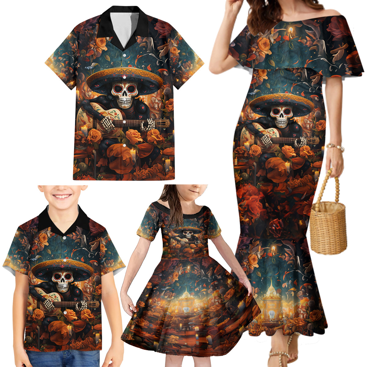 Day of Dead Skull Family Matching Mermaid Dress and Hawaiian Shirt Sugar Skull Musican - Wonder Print Shop