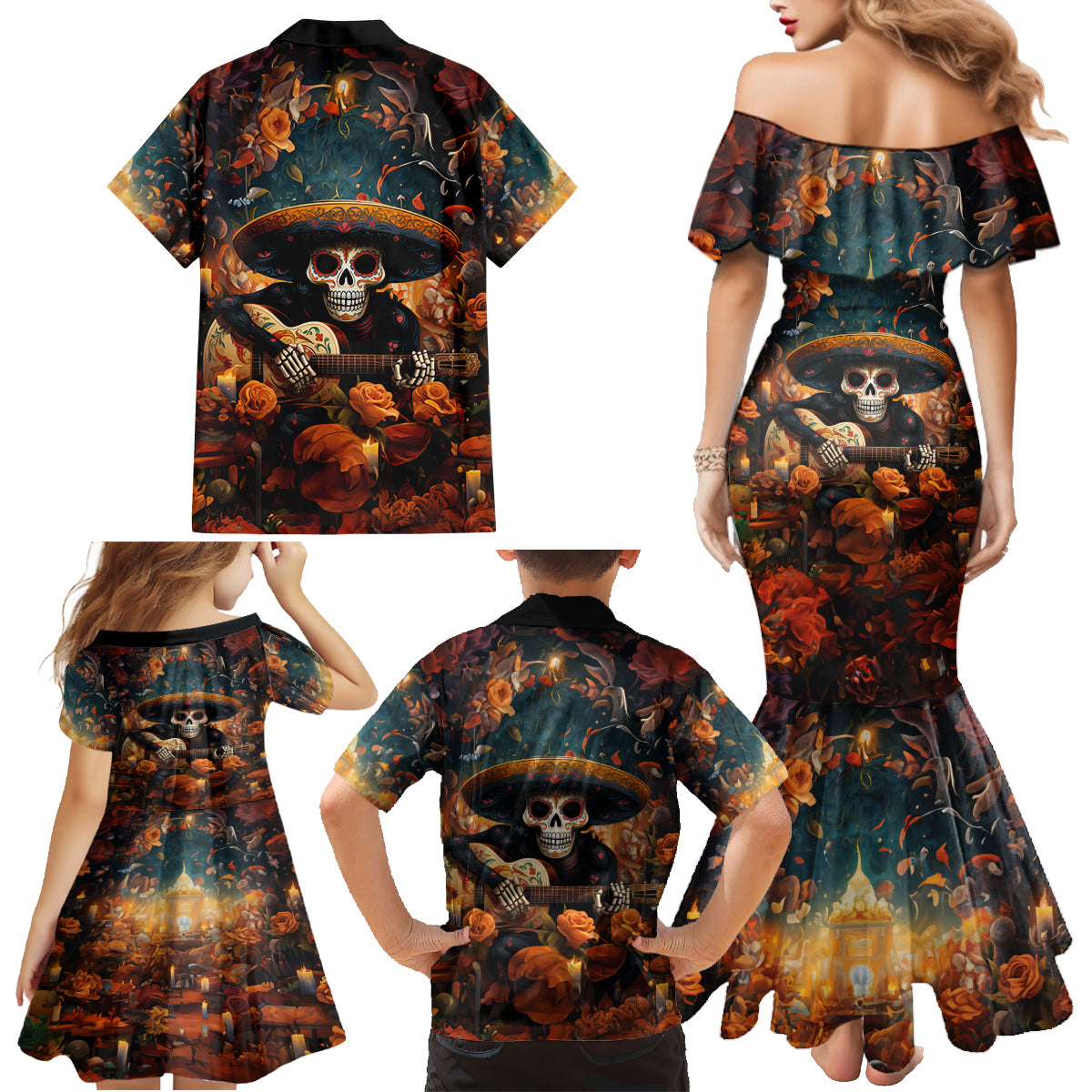 Day of Dead Skull Family Matching Mermaid Dress and Hawaiian Shirt Sugar Skull Musican - Wonder Print Shop