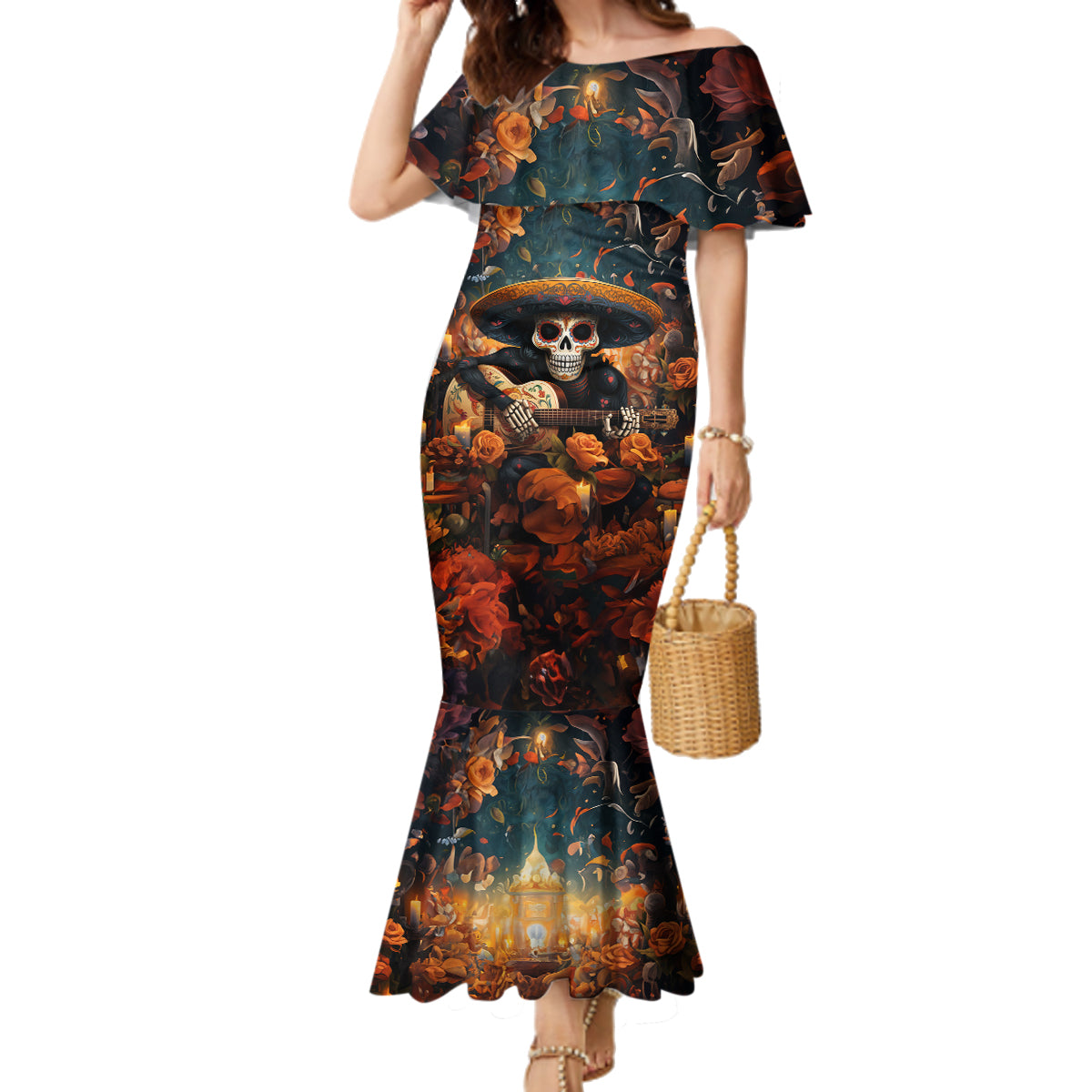 Day of Dead Skull Family Matching Mermaid Dress and Hawaiian Shirt Sugar Skull Musican - Wonder Print Shop