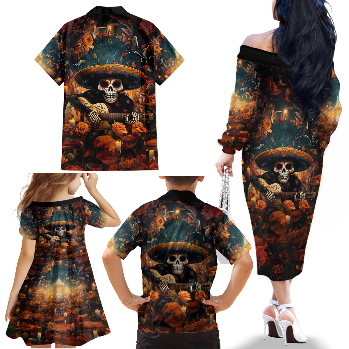 Day of Dead Skull Family Matching Off Shoulder Long Sleeve Dress and Hawaiian Shirt Sugar Skull Musican - Wonder Print Shop