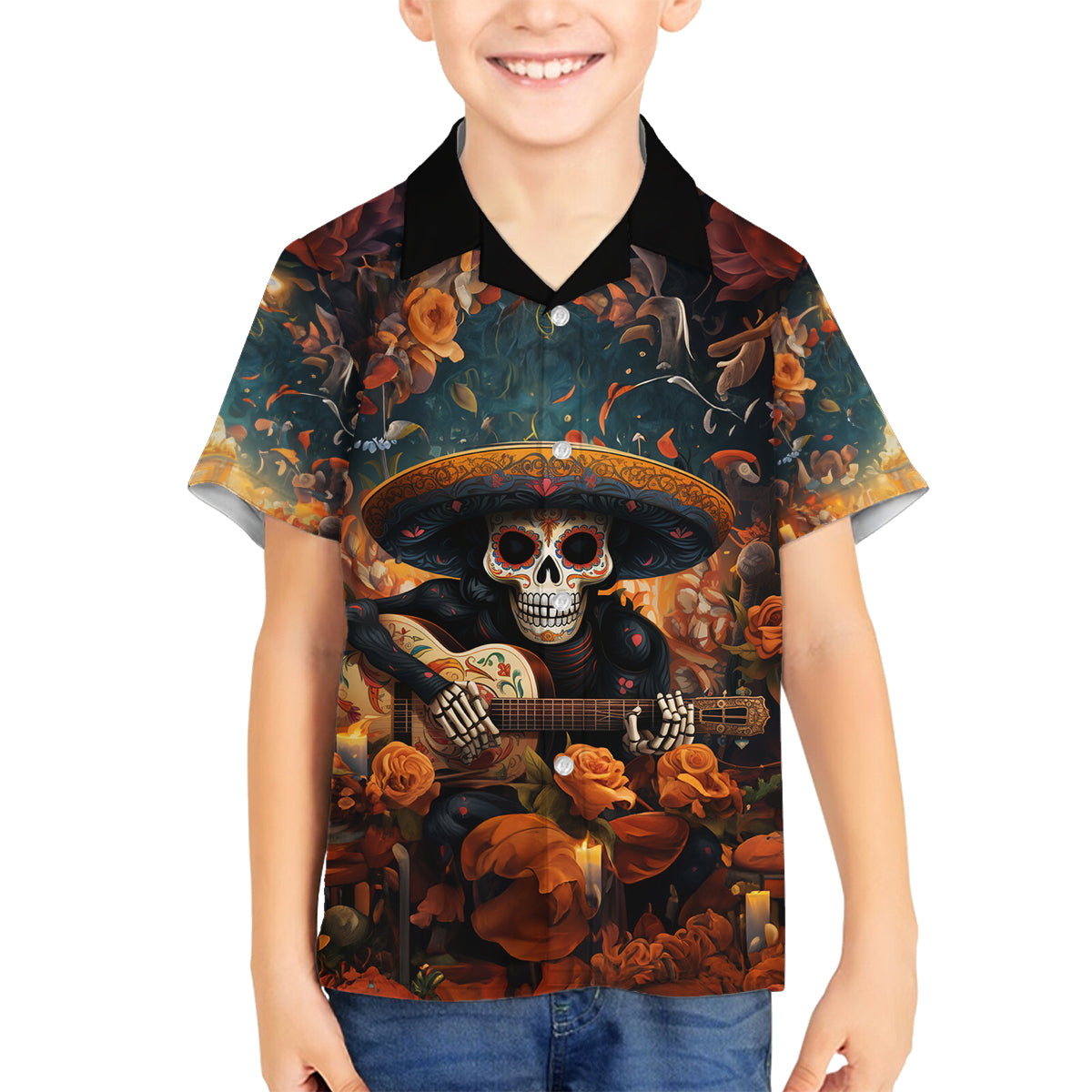 Day of Dead Skull Family Matching Off Shoulder Long Sleeve Dress and Hawaiian Shirt Sugar Skull Musican - Wonder Print Shop