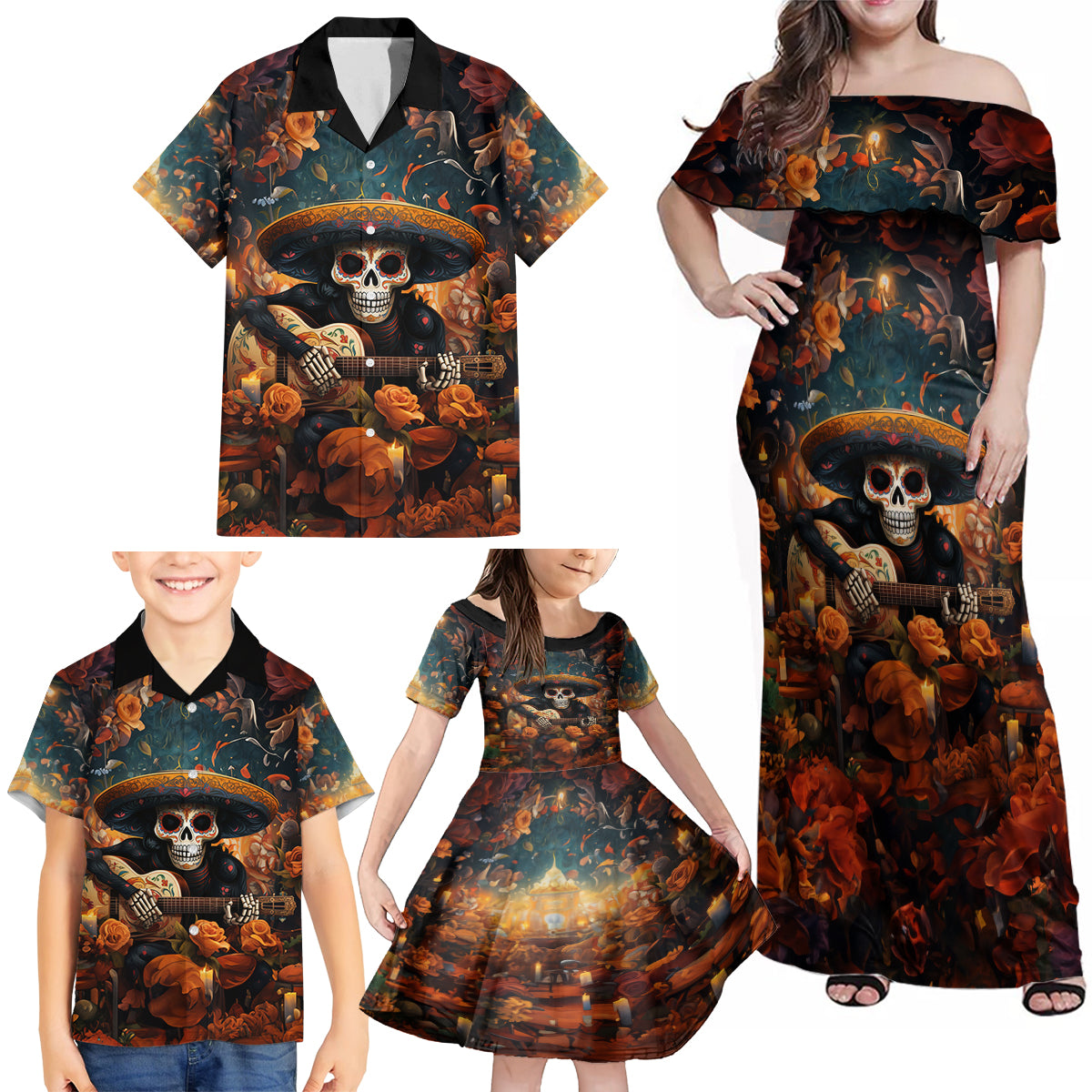Day of Dead Skull Family Matching Off Shoulder Maxi Dress and Hawaiian Shirt Sugar Skull Musican - Wonder Print Shop