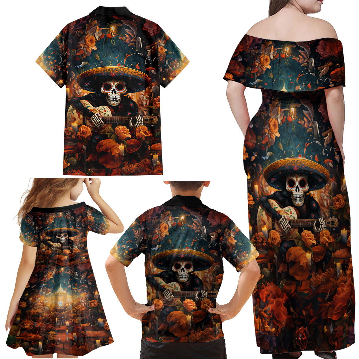 Day of Dead Skull Family Matching Off Shoulder Maxi Dress and Hawaiian Shirt Sugar Skull Musican - Wonder Print Shop